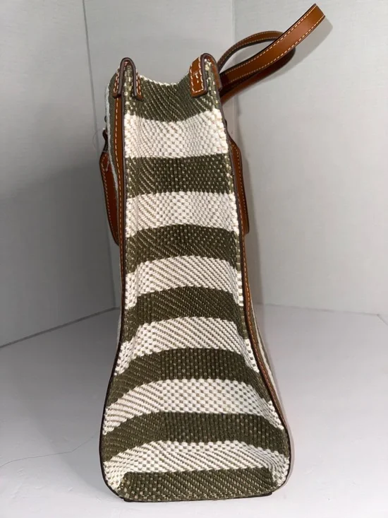 Tory Burch Blake Grove Green & White Striped Canvas Tote Cognac Leather Trim - Picture 11 of 14